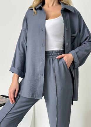 Легкий льняной женский костюм стильный комплект рубашка оверсайз и брюки с строчками4 фото