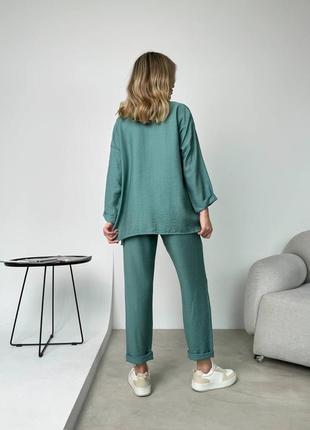 Легкий льняной женский костюм стильный комплект рубашка оверсайз и брюки с строчками5 фото