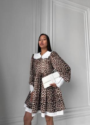 Трендовое платье женское короткое мини леопардовое 42-48 черное, коричневое10 фото