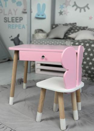 Столик детский прямоугольный с выдвижным ящиком и стульчик корона розовый/белый (88163)4 фото