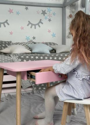Столик детский прямоугольный с выдвижным ящиком и стульчик корона розовый/белый (88163)2 фото