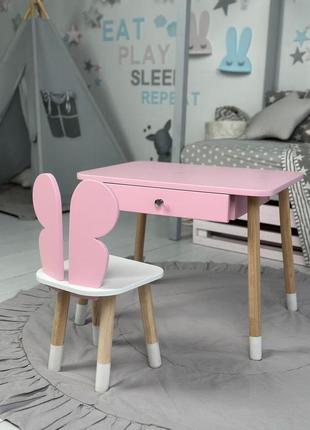 Столик детский прямоугольный с выдвижным ящиком и стульчик бабочка розовый/белый (74115)