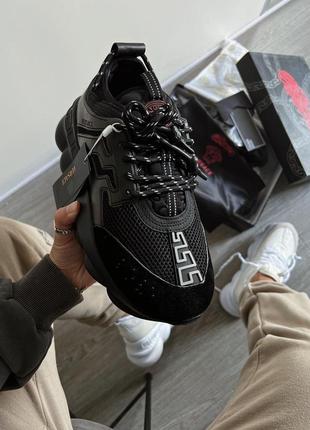 Крутезні жіночі та чоловічі кросівки у стилі versace chain reaction black premium чорні2 фото