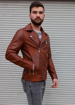 Чоловіча шкіряна куртка косуха коричнева2 фото