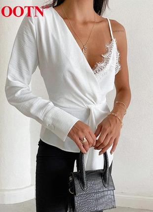 Распродажа 🏷 турецкая блузка комбинированная с топом на запах на один рукав2 фото