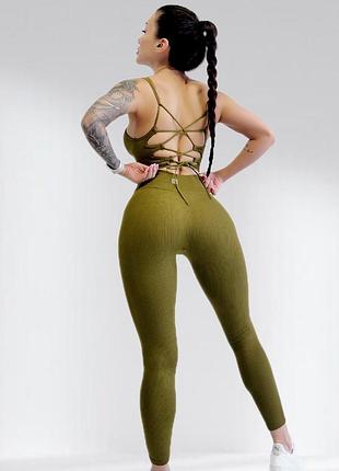 Костюм для фитнеса женский lilafit комплект лосины пуш ап и топ в рубчик хаки l (lfs000020)