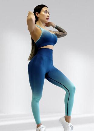 Костюм для фитнеса женский lilafit комплект лосины пуш ап и топ синий градиент m (lfs000051)2 фото