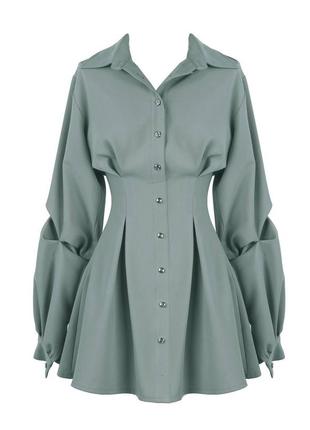 Невероятно крутое платье - рубашка мини на пуговицах свободного кроя с корсетом оливковое пудровое стильное качественное1 фото