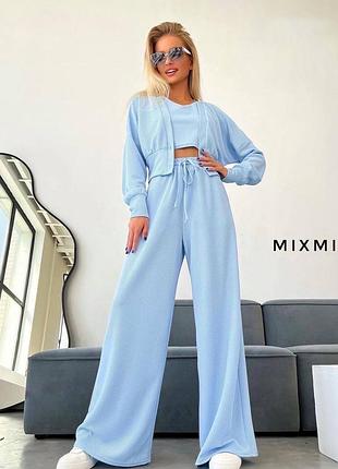 Стильний комплект трійка в рубчик топ + вкорочений кардиган + широкі брюки оверсайз костюм жіночий