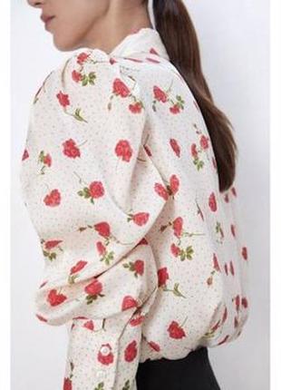 Классная свободная сатиновая рубашка в цветы объемными рукавами /блуза оверсайз zara из свежих коллекций3 фото