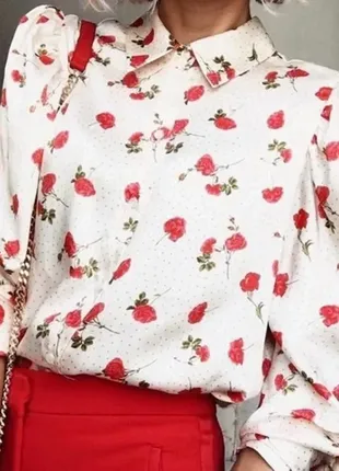 Классная свободная сатиновая рубашка в цветы объемными рукавами /блуза оверсайз zara из свежих коллекций4 фото