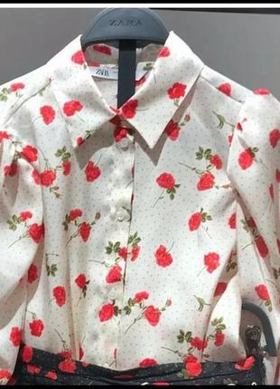 Классная свободная сатиновая рубашка в цветы объемными рукавами /блуза оверсайз zara из свежих коллекций5 фото