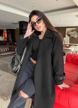 Кашемірове оверсайз пальто весняне з поясом на підкладці чорне фіолетове стильне якісне