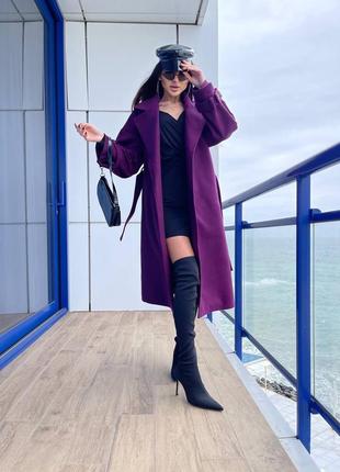 Кашемировое оверсайз пальто весеннее с поясом на подкладке черное фиолетовое качественное6 фото