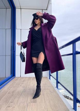 Кашемірове оверсайз пальто весняне з поясом на підкладці чорне фіолетове стильне якісне