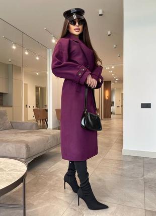 Кашемірове оверсайз пальто весняне з поясом на підкладці чорне фіолетове стильне якісне