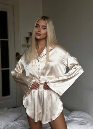 Витончений шовковий жіночий костюм двійка домашній комплект сорочка і шорти5 фото