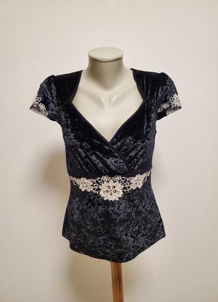 Шикарна брендова велюрова блузка з кружевом