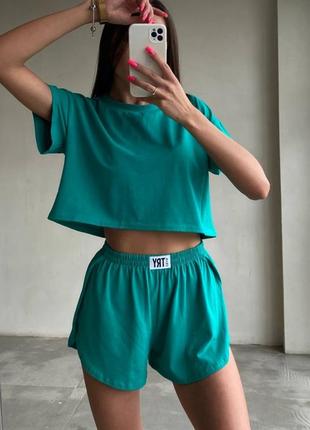 Стильний костюм в піжамному стилі шорти, топ