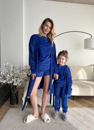 Family look❤️ домашній комплект 4 в 1  халат - кімоно + футболка + шорти + штани однотонний велюровий