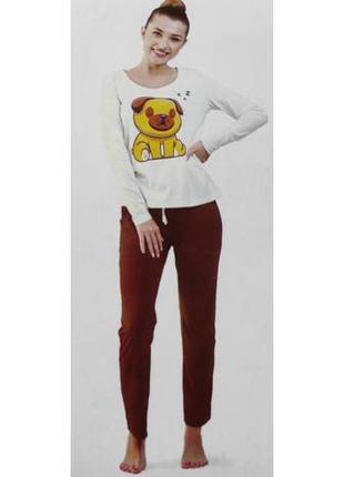 Піжама жіноча cleve, лонгслів і штани: біла з коричневим; розміри m, l