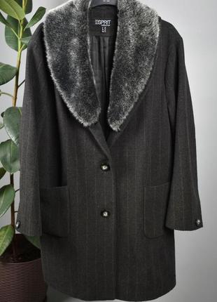 Esprit жіноче вовняне кашемірове пальто сіре в смужку з хутром розмір 40 l 42 xl2 фото