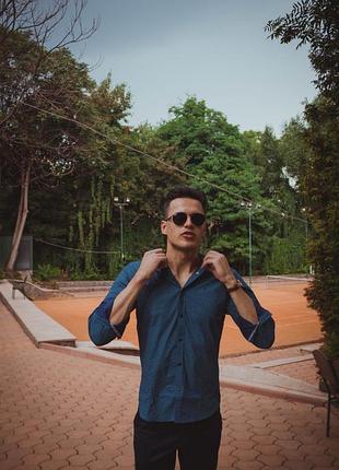 Стильна чоловіча сорочка, довгий рукав, чоловіча сорочка синя