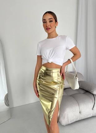 Кожаная юбка - карандаш с разрезом на ножке, юбка миди золота, серебряная юбка (мод 0115 )1 фото