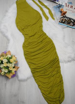 Сукня міді красивого зеленувато жовтого кольору халтер плаття з драпіровкою2 фото