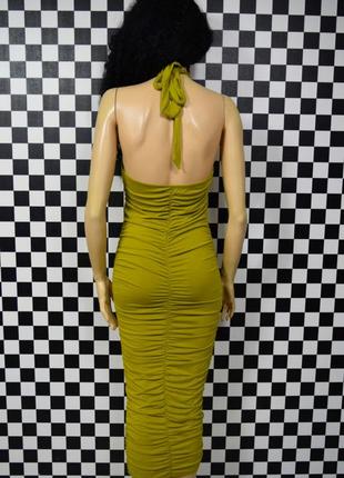 Платье миди красивого зеленовато желтого цвета халтер платья с драпировкой4 фото