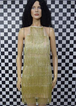 Сукня бежева з золотистою бахромою міні плаття4 фото