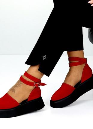 Трендові жіночі замшеві червоні туфлі на платформі танкетці літні натуральна замша літо