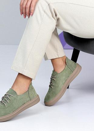 Комфортные женские замшевые зелёные туфли весенне осенние натуральная замша весна осень4 фото