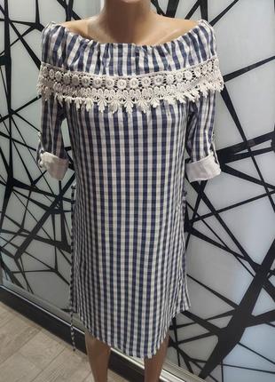 Платье в клетку new collection с кружевным воротом 42-467 фото