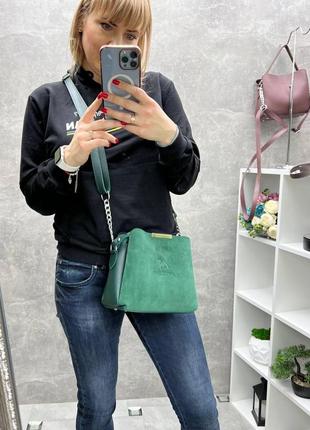 Зеленая - натуральный замш - стильная сумочка на три отделения - lady bags, два ремня в комплекте (0388-1)