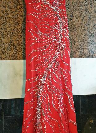 Платье вечернее красное шелковое с бисером и пайетками3 фото