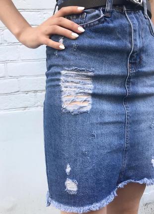 Юбка джинсовая синяя до колен3 фото