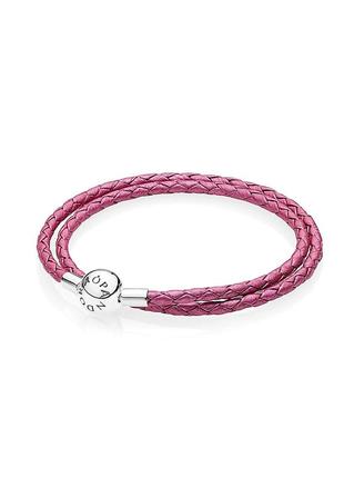 Розовый кожаный двойной плетённый браслет для шармов пандора