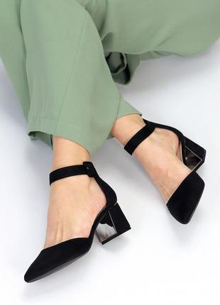 Sale трендовые черные женские босоножки на каблуке летние эко-замша лето5 фото