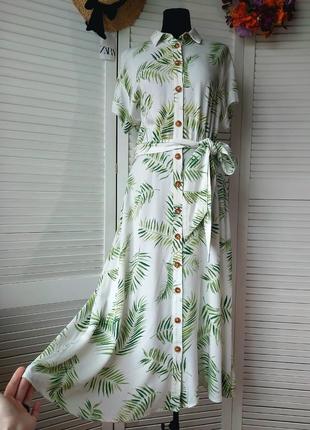 Платье кафтан миди длинное белое листья пальмы  h&m