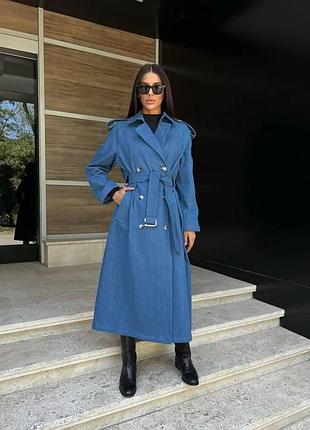 Джинсовий тренч на гудзиках із регульованим поясом без підкладки. рукав-реглан  модель: p 52