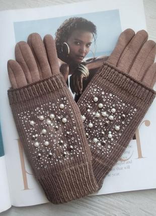 Женские теплые перчатки, вязка бусины мокко1 фото