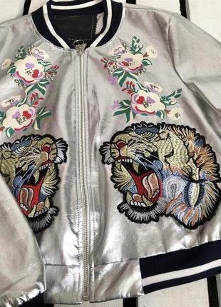 Куртка бомбер кожаная женская брендовая zara серебряная m (46)2 фото