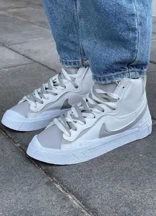 Кросівки nike blazer mid x sacai ‘white grey’9 фото