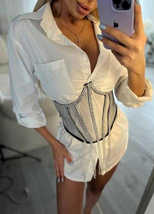 Корсет с декоративными камушками, прозрачный, в мелкую сеточку, с регулеровкой размера на шнуровке