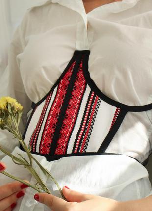 Корсет з українською вишивкою, прозорий, чорний, в дрібну сіточку та з регулюванням розміру на шнурівці, 40