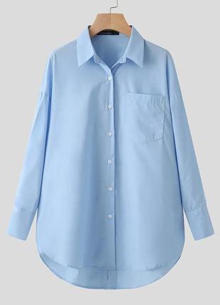 Блакитна вільна сорочка оверсайз із розрізом і ґудзиками ззаду, подовжена, 42-442 фото