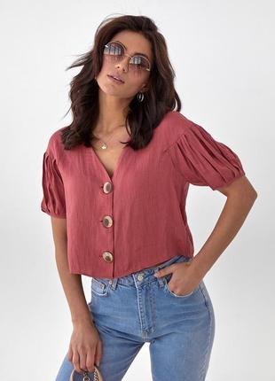 Блуза с коротким рукавом на пуговицах - бордо цвет, s (есть размеры)