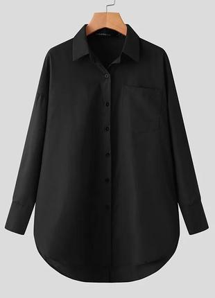 Черная свободная рубашка оверсайз з розрезом и пуговицами ззади, удлиненная, 42-442 фото