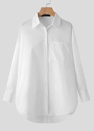 Белая свободная рубашка оверсайз з розрезом и пуговицами ззади, удлиненная, 42-442 фото